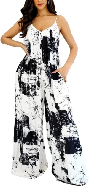 Glozeplus Sexy Jumpsuits for Women Dressy Wide Leg Floral Print Long Pants Sleeveless Rompers Jumpsuit with Pocket