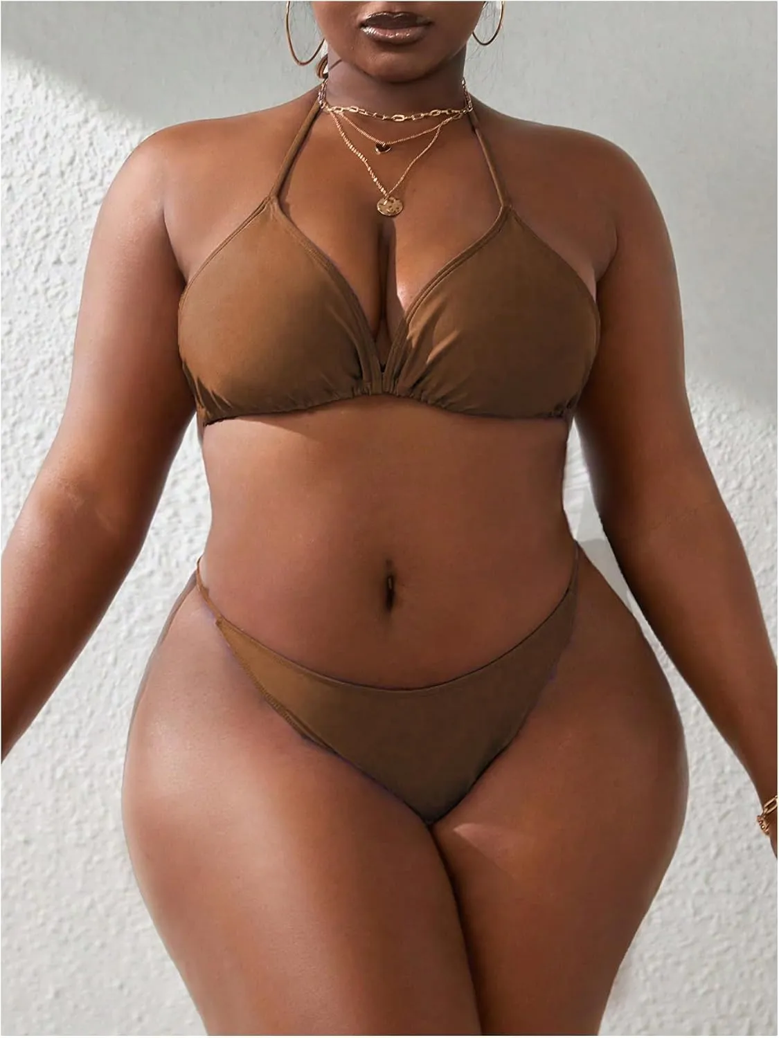 GORGLITTER Women's Plus Size Bathing Suits Triangle Halter Bikini and Thongs Swimsuit with Cover Up Set