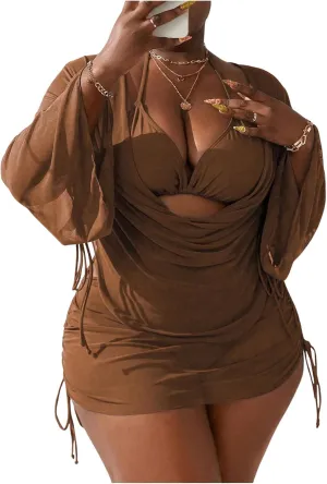 GORGLITTER Women's Plus Size Bathing Suits Triangle Halter Bikini and Thongs Swimsuit with Cover Up Set