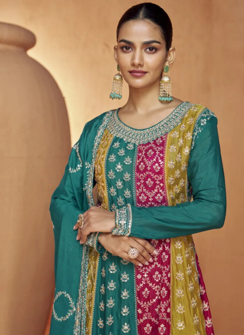Green Multi Sequence Embroidery Anarkali Palazzo Suit