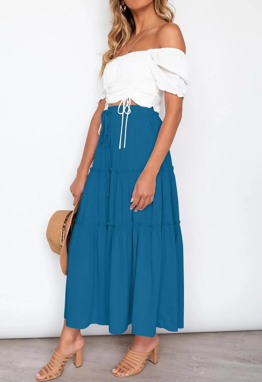 HAEOF Womens Summer Flowy Boho Midi Maxi Skirt Elastic High Waist A Line Pleated Tiered Trendy Beach Long Skirts with Pockets