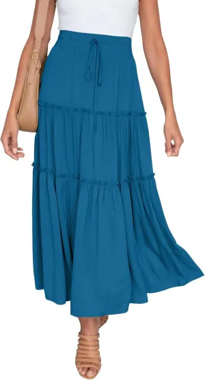 HAEOF Womens Summer Flowy Boho Midi Maxi Skirt Elastic High Waist A Line Pleated Tiered Trendy Beach Long Skirts with Pockets
