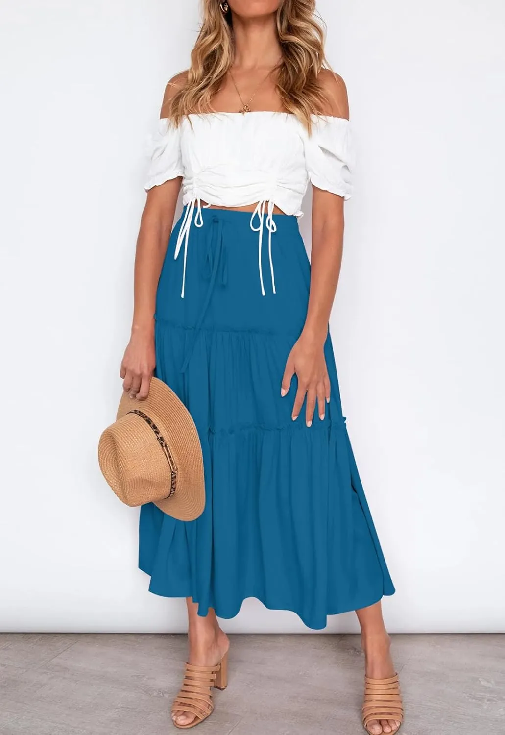 HAEOF Womens Summer Flowy Boho Midi Maxi Skirt Elastic High Waist A Line Pleated Tiered Trendy Beach Long Skirts with Pockets