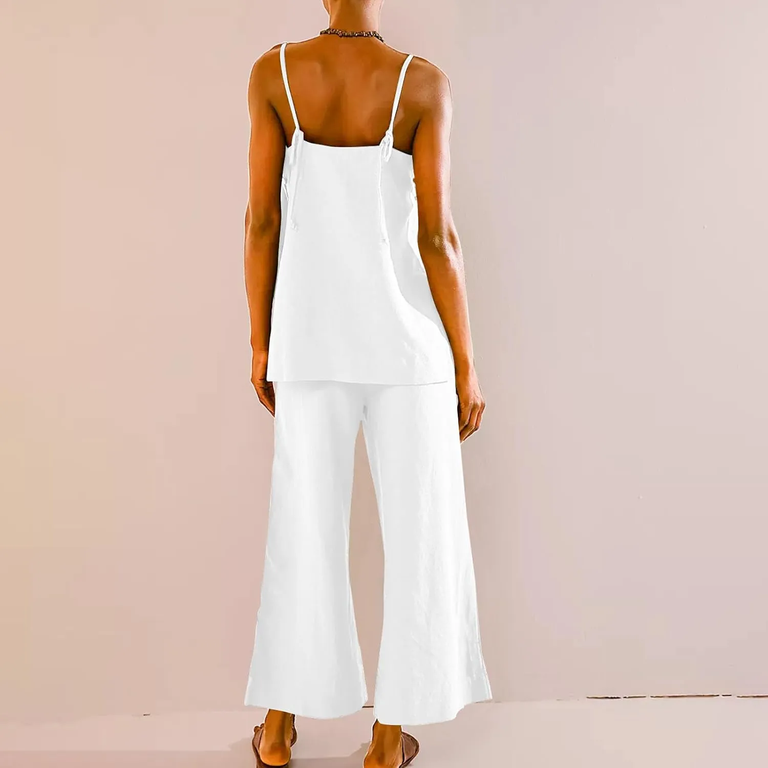 HGps8w Linen 2 Piece Sets for Women Summer 2025 Camisole Tops with Wide Leg Pants Lounge Tracksuit Vacation Travel Outfits