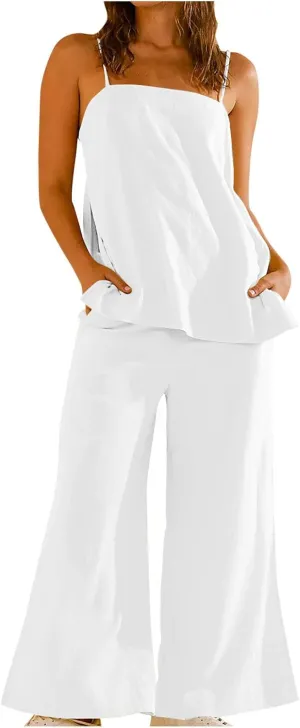 HGps8w Linen 2 Piece Sets for Women Summer 2025 Camisole Tops with Wide Leg Pants Lounge Tracksuit Vacation Travel Outfits