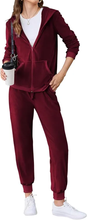 HOTOUCH Womens Casual Velour Tracksuit Set Full Zipper Hoodie Workout Pants Velvet Sweatsuit Jogging Suits XS-XXL