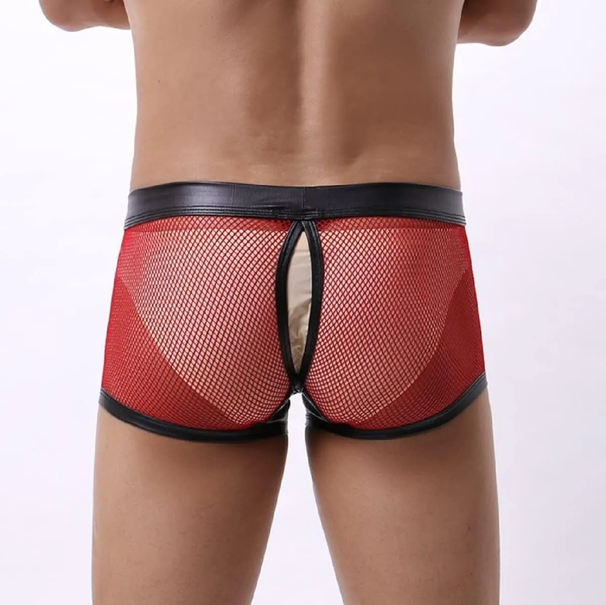 IPENNY Men's See Through Sexy Mesh With Faux Leather Loose Shorts Pants Erotic Clubwear Button Removable Pouch