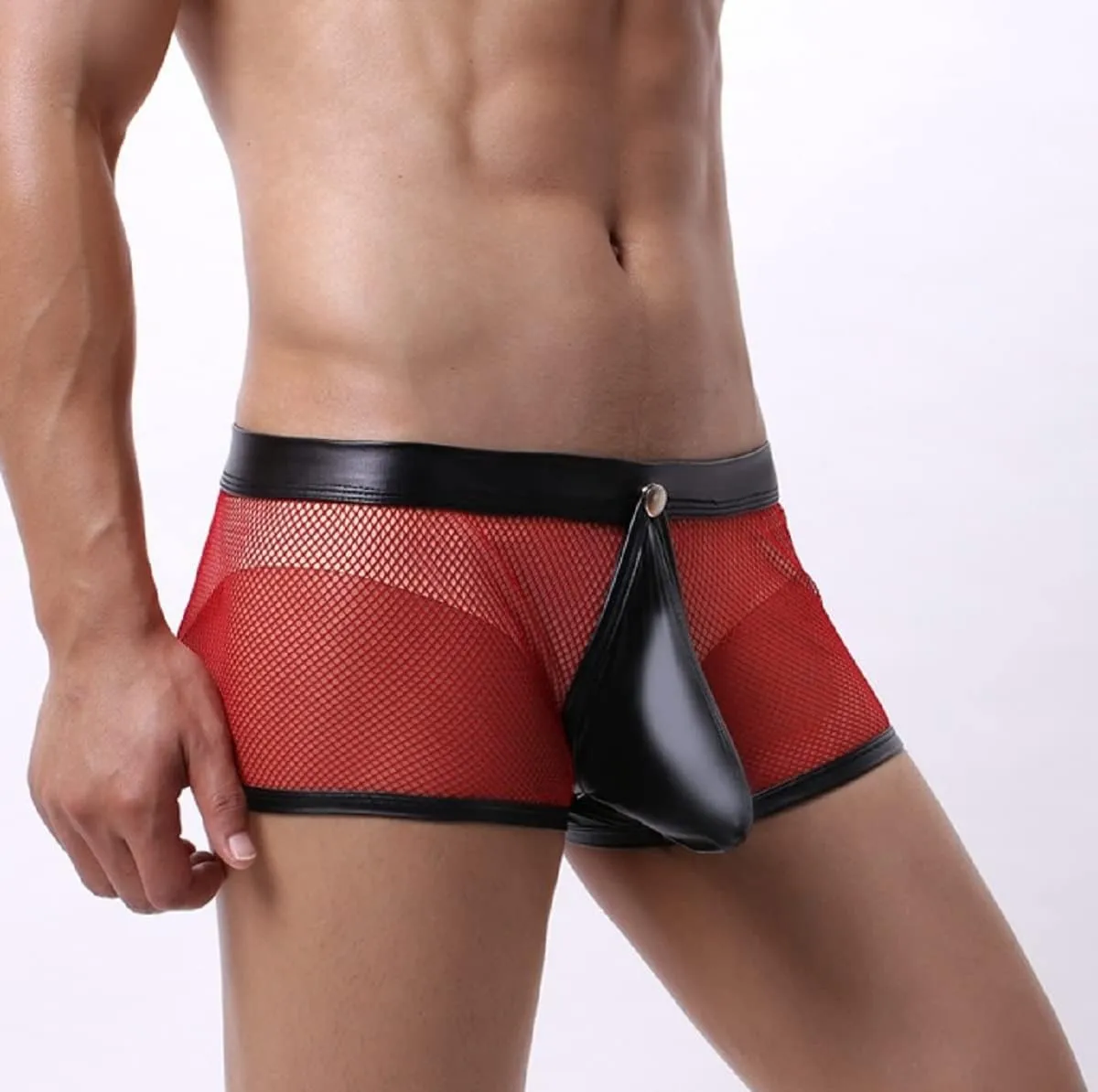 IPENNY Men's See Through Sexy Mesh With Faux Leather Loose Shorts Pants Erotic Clubwear Button Removable Pouch