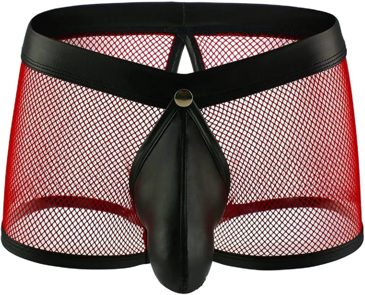 IPENNY Men's See Through Sexy Mesh With Faux Leather Loose Shorts Pants Erotic Clubwear Button Removable Pouch