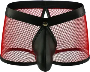 IPENNY Men's See Through Sexy Mesh With Faux Leather Loose Shorts Pants Erotic Clubwear Button Removable Pouch