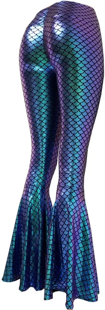 Iridescent Mermaid Scale Party Halloween Costumes Holographic High Waisted Wide Leg Yoga Bell Bottoms Flare Pants Leggings