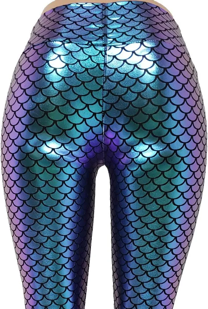 Iridescent Mermaid Scale Party Halloween Costumes Holographic High Waisted Wide Leg Yoga Bell Bottoms Flare Pants Leggings