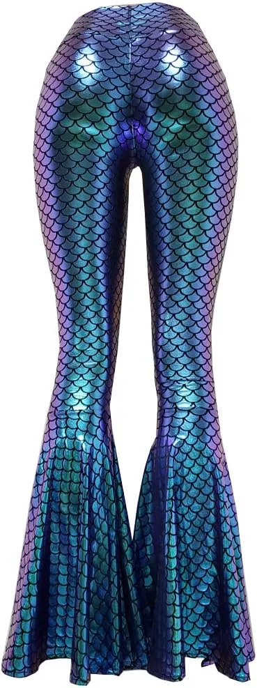 Iridescent Mermaid Scale Party Halloween Costumes Holographic High Waisted Wide Leg Yoga Bell Bottoms Flare Pants Leggings