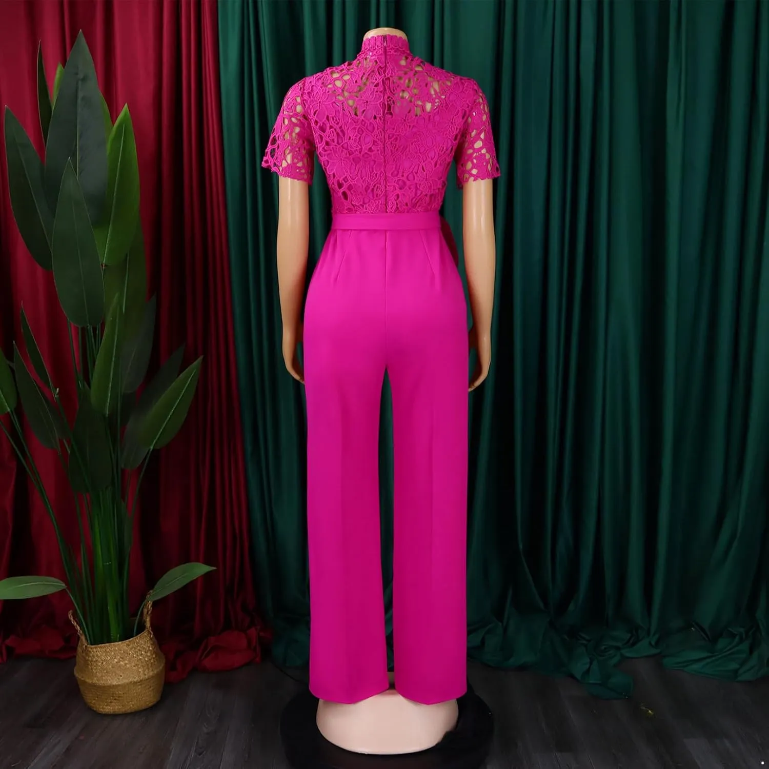 JEATHA Womens Casual Short Sleeves Jumpsuits Sexy Round Neck Lace Hollow Work Wide Leg Long Pants Rompers
