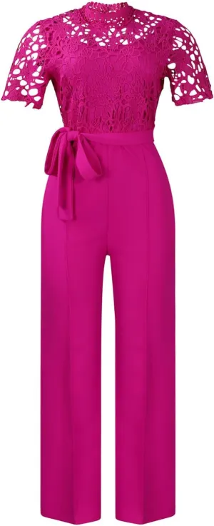 JEATHA Womens Casual Short Sleeves Jumpsuits Sexy Round Neck Lace Hollow Work Wide Leg Long Pants Rompers