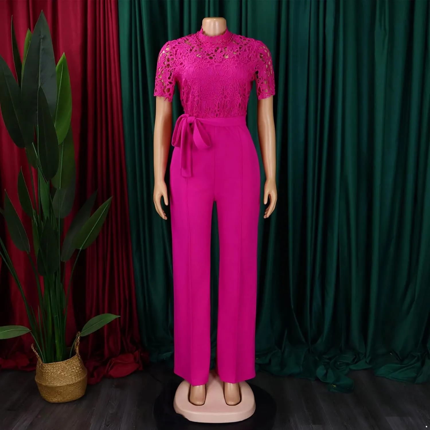 JEATHA Womens Casual Short Sleeves Jumpsuits Sexy Round Neck Lace Hollow Work Wide Leg Long Pants Rompers