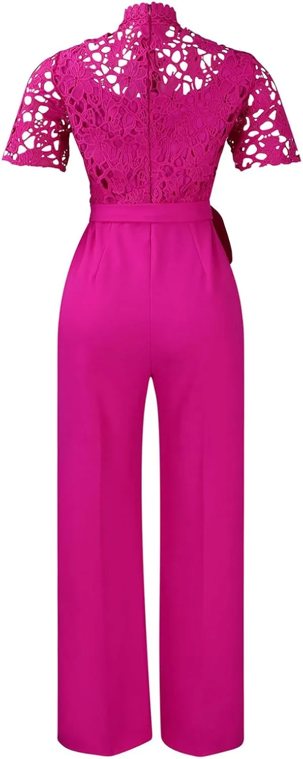 JEATHA Womens Casual Short Sleeves Jumpsuits Sexy Round Neck Lace Hollow Work Wide Leg Long Pants Rompers