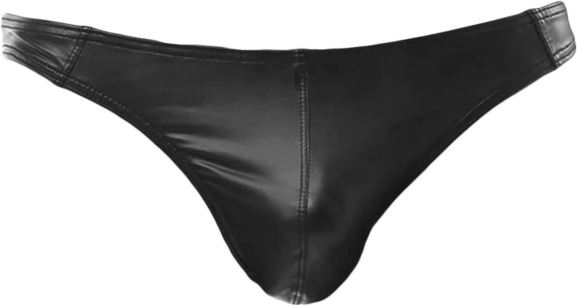 JEsilunmaMY Men's U Convex Pouch Thongs Low Rise Faux Leather Underwear Briefs Sexy Stretch Panties T-Back Lingerie Swimwear