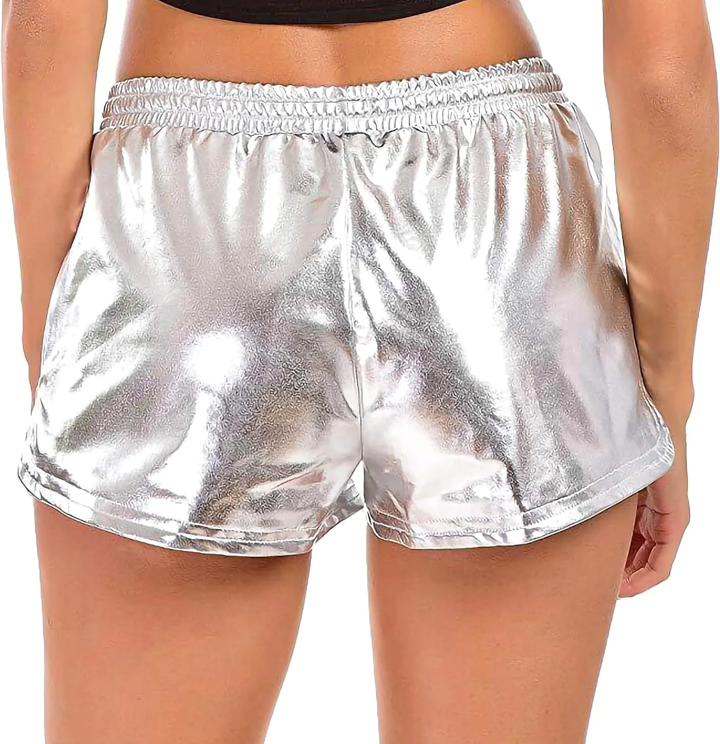 JINKAIJIA Women's Metallic Shiny Shorts Sparkly Rave Hot Outfit Elastic Sport Short Pants Dance Attire Performance Clothing