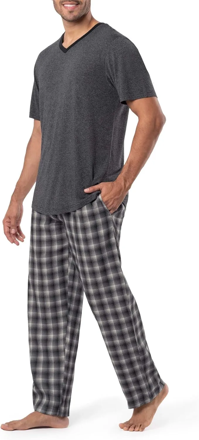Joseph Abboud Men's Knit Short Sleeve V-Neck and Woven Pant Pajama Sleep Set