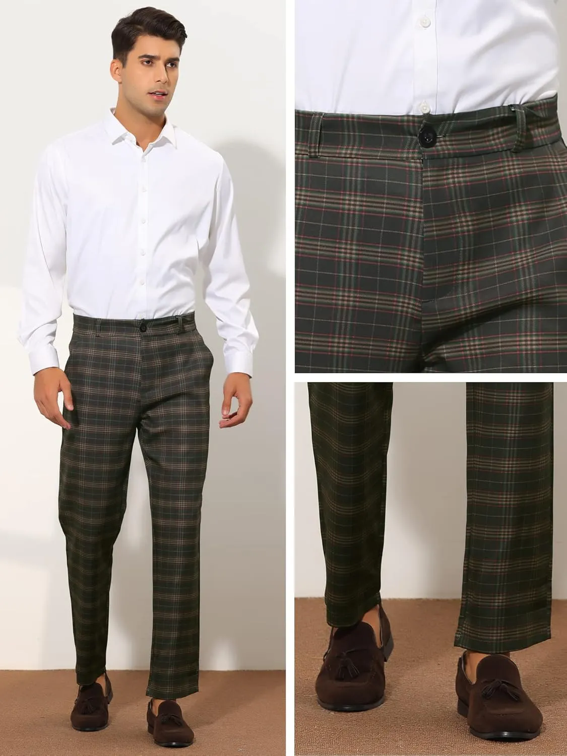 Lars Amadeus Plaid Suit Pants for Men's Straight Fit Casual Checked Pattern Trousers