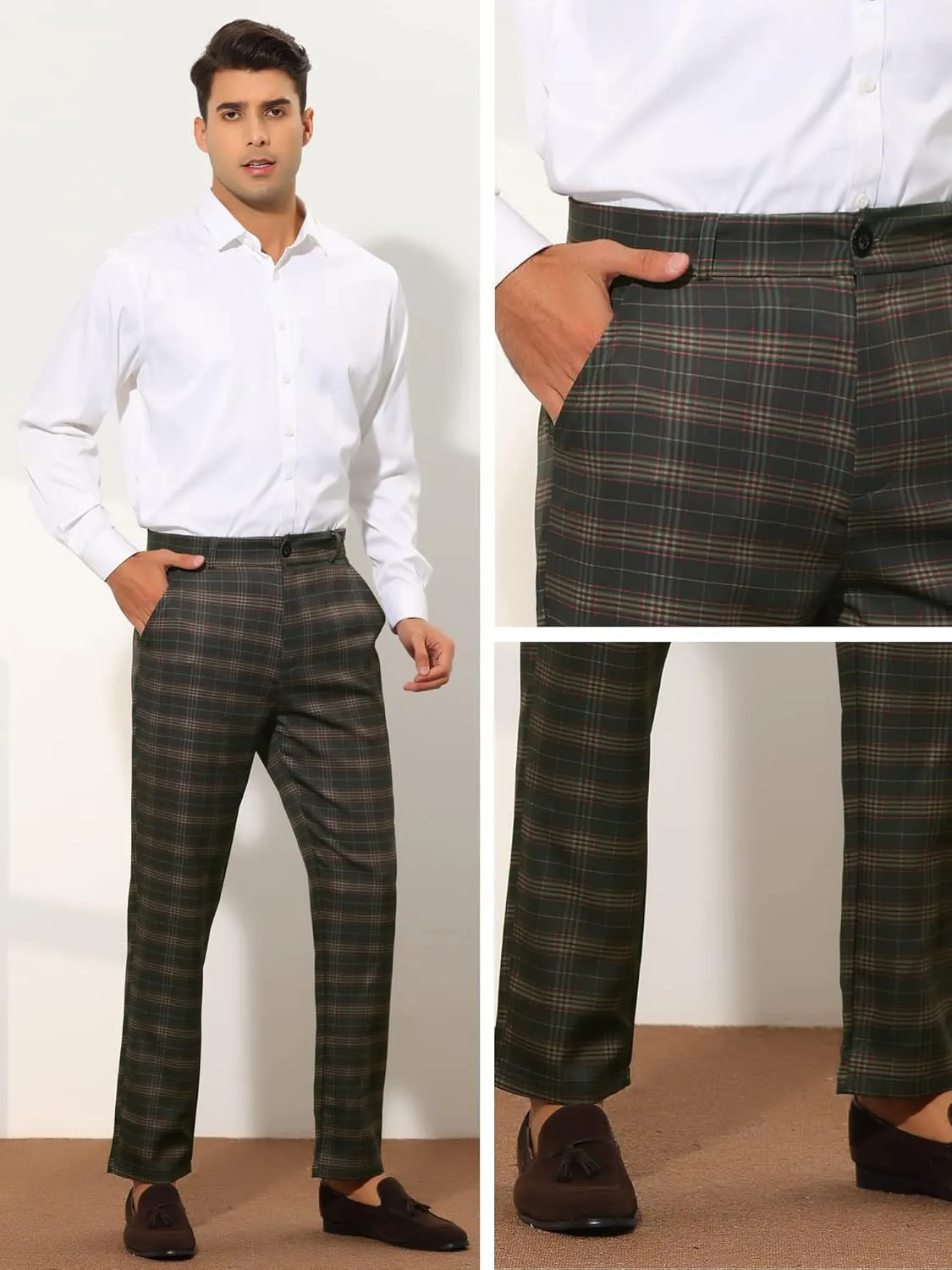 Lars Amadeus Plaid Suit Pants for Men's Straight Fit Casual Checked Pattern Trousers