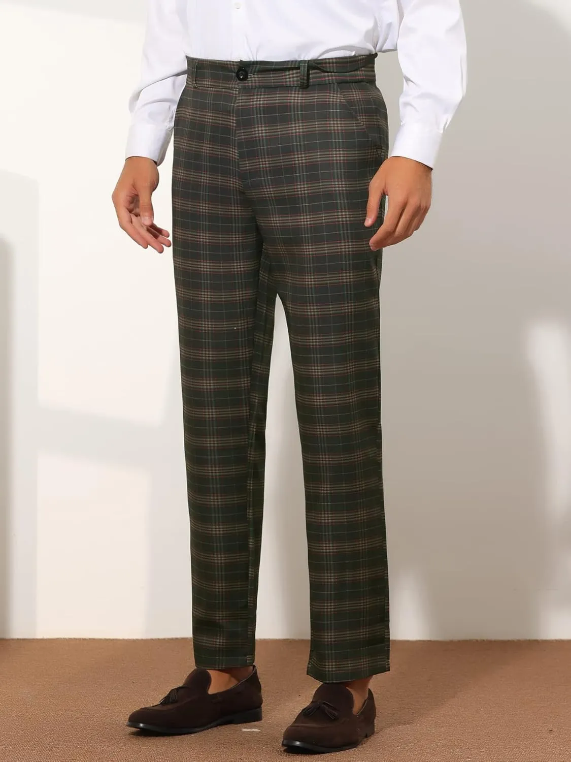 Lars Amadeus Plaid Suit Pants for Men's Straight Fit Casual Checked Pattern Trousers
