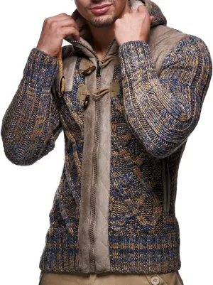 Leif Nelson LN20525 Men's Knit Zip-up Jacket with Geometric Patterns and Leather Accents, Size US XXL, Brown