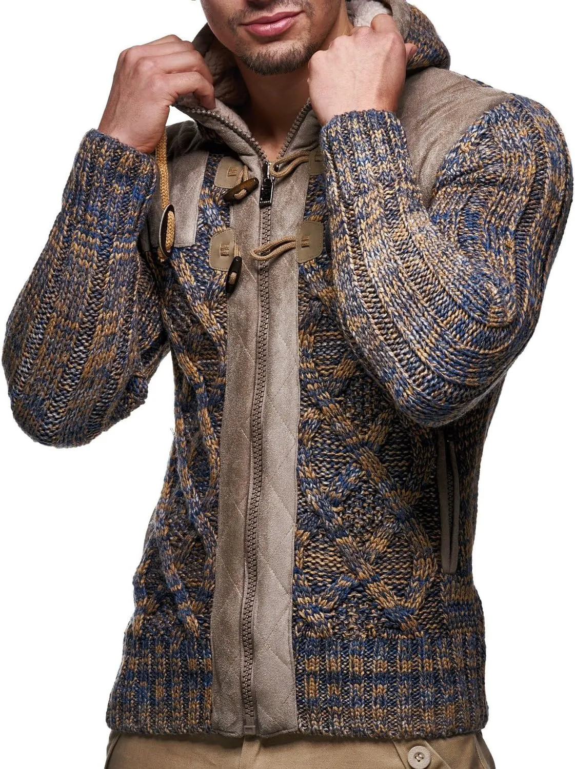 Leif Nelson LN20525 Men's Knit Zip-up Jacket with Geometric Patterns and Leather Accents, Size US XXL, Brown