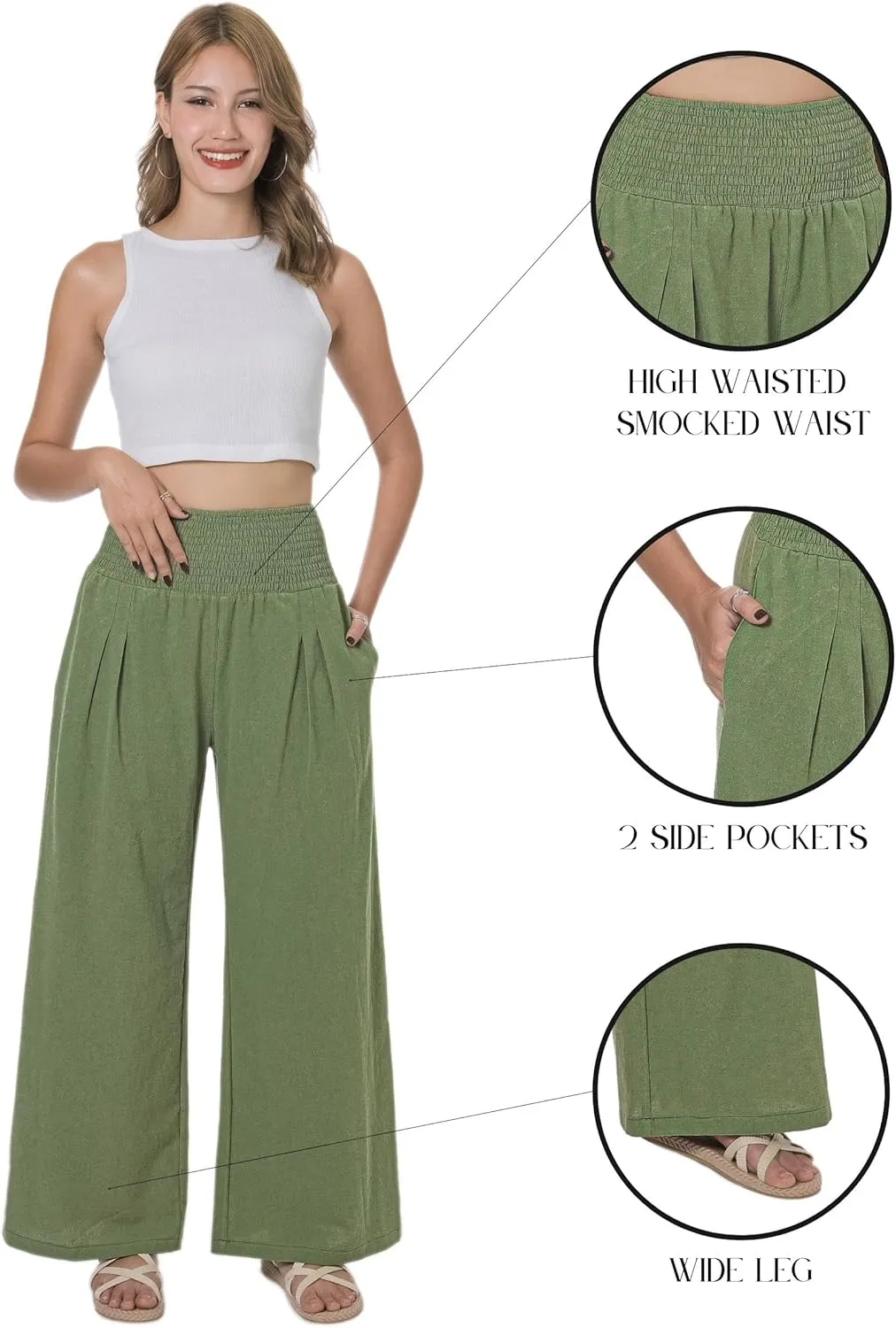 LOFBAZ Women Summer Flowy Cotton Linen Palazzo Wide Leg Pants Beach High Waisted Trousers Boho Long Lounge Pant with Pockets