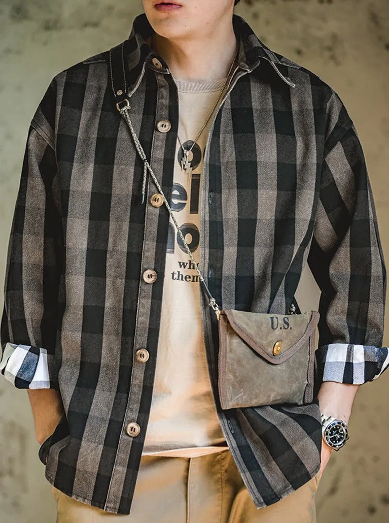 Maden Harajuku Plaid Men's Shirts Retro 360G Heavy High Quality Casual Single Breasted Loose Long-sleeved Turn-down Collar Shirt