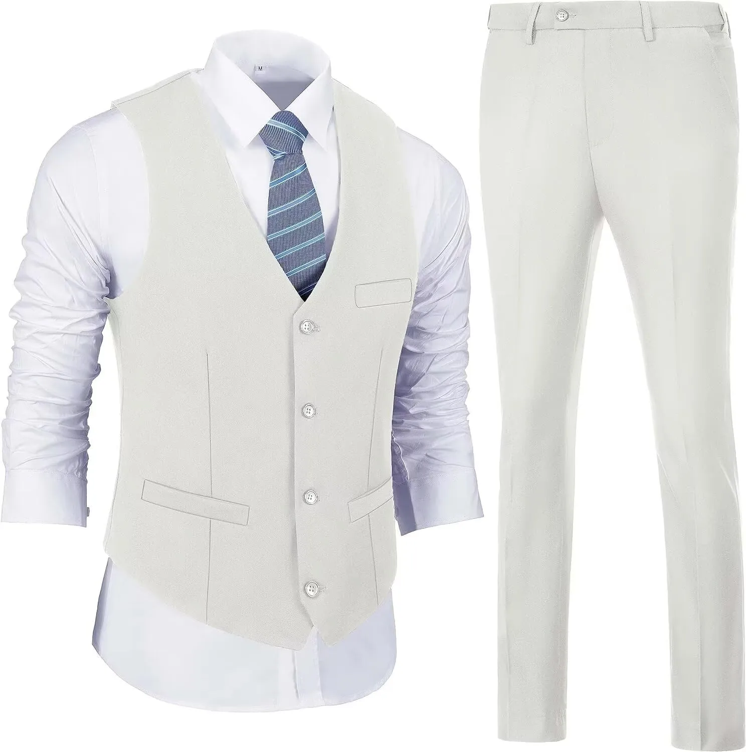Men 2 Pieces Dress Suit Vest Pant Set Slim Fit Casual Suit Waistcoat