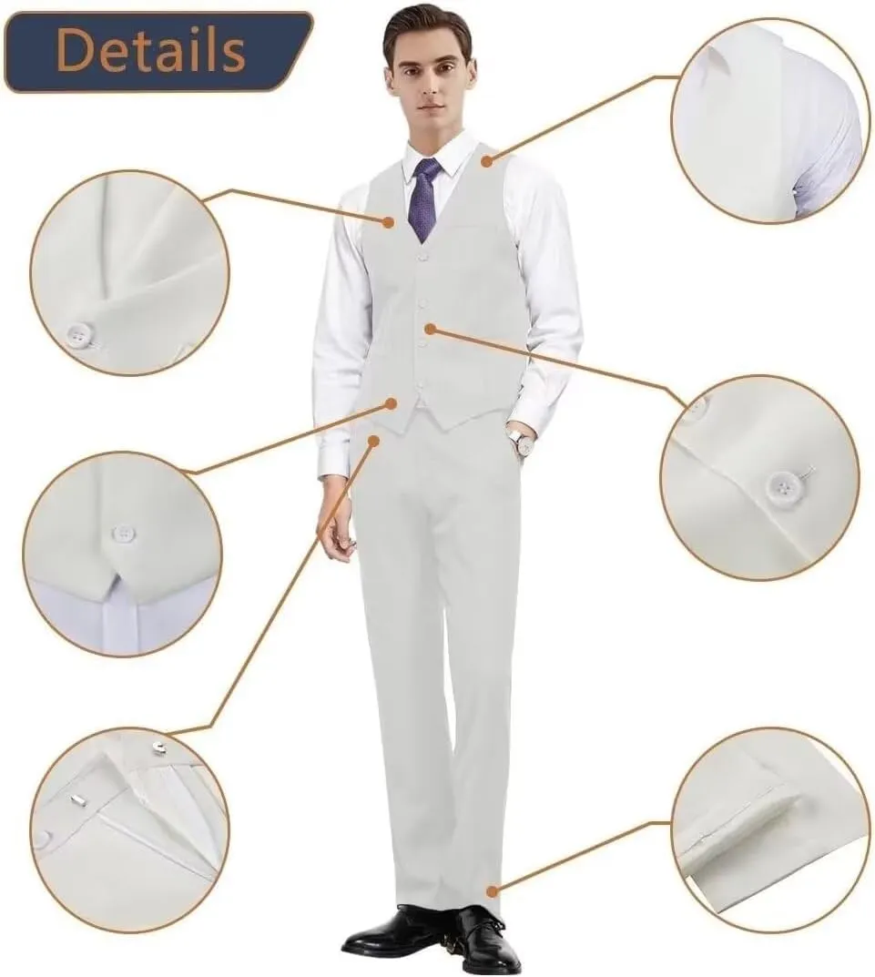 Men 2 Pieces Dress Suit Vest Pant Set Slim Fit Casual Suit Waistcoat