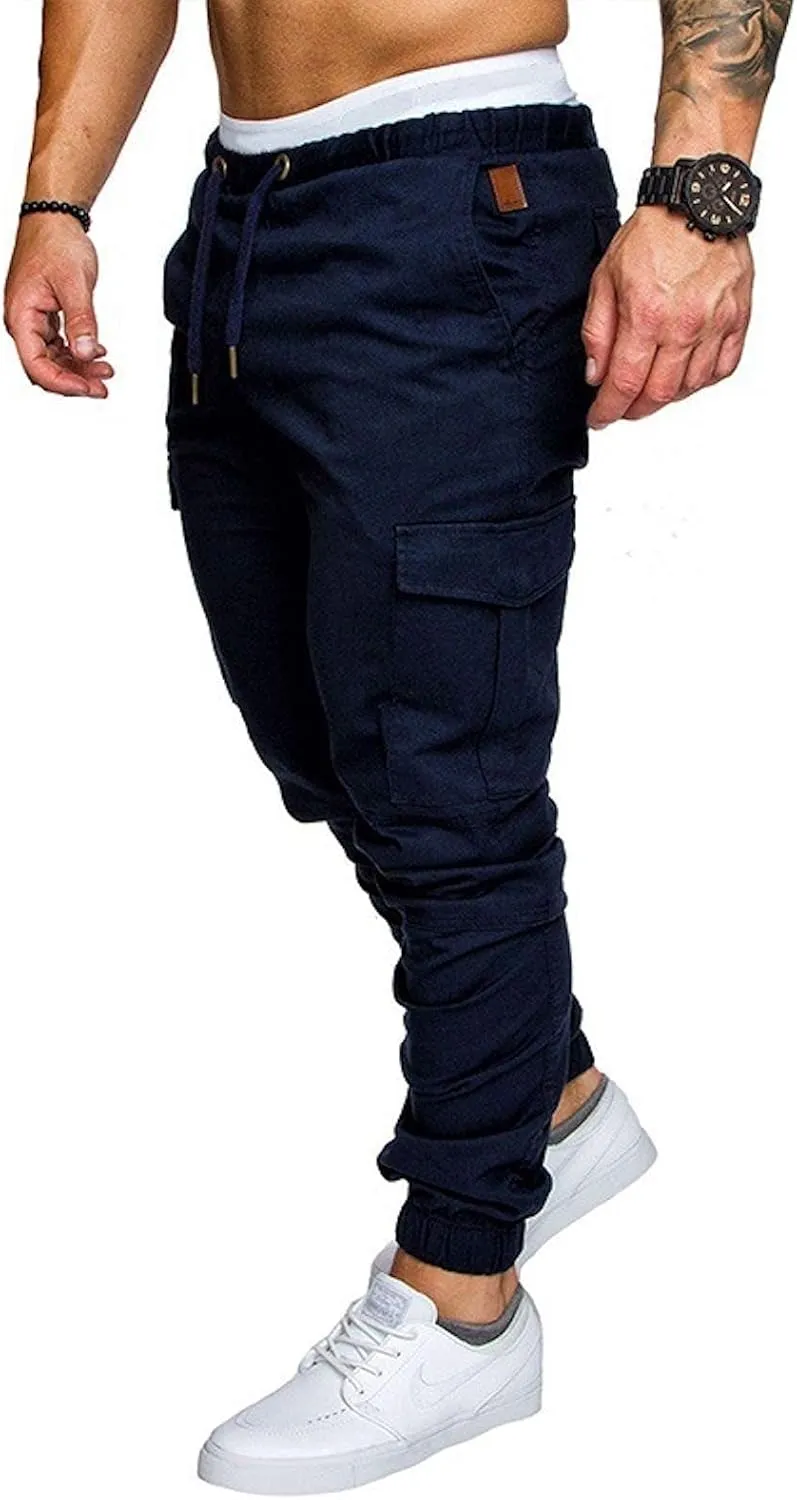 Men Cargo Chino Pants Drawstring Elastic Military Outdoor Slim Sweatpants Navy Size L