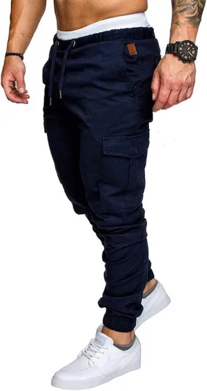 Men Cargo Chino Pants Drawstring Elastic Military Outdoor Slim Sweatpants Navy Size L