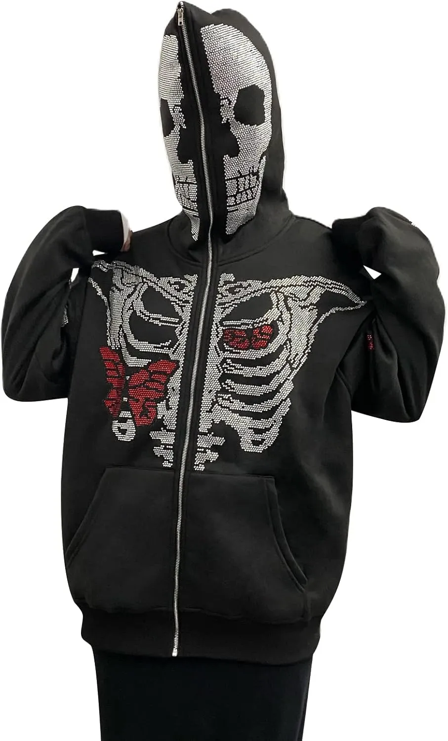 Men Rhinestone Y2k Full Zip Up Hoodies Women Oversized Skull Skeleton Sweatshirt Zip Over Face Gothic Jacket