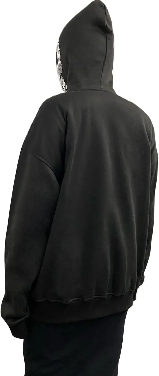 Men Rhinestone Y2k Full Zip Up Hoodies Women Oversized Skull Skeleton Sweatshirt Zip Over Face Gothic Jacket
