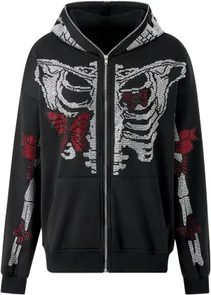 Men Rhinestone Y2k Full Zip Up Hoodies Women Oversized Skull Skeleton Sweatshirt Zip Over Face Gothic Jacket