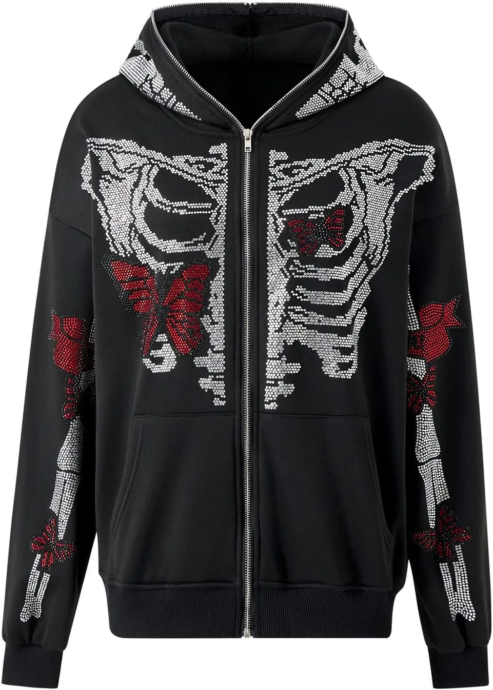 Men Rhinestone Y2k Full Zip Up Hoodies Women Oversized Skull Skeleton Sweatshirt Zip Over Face Gothic Jacket