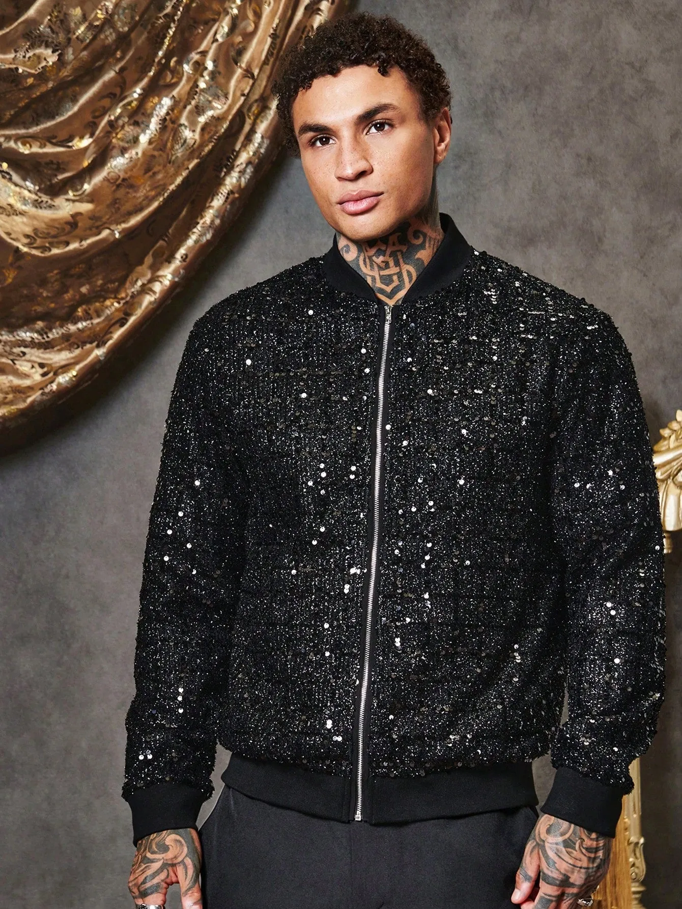 Men Zip Up Sequin Bomber Jacket