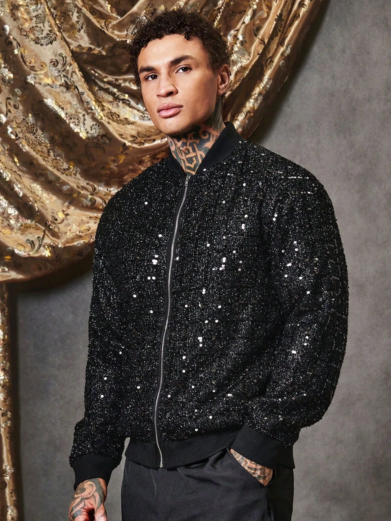 Men Zip Up Sequin Bomber Jacket