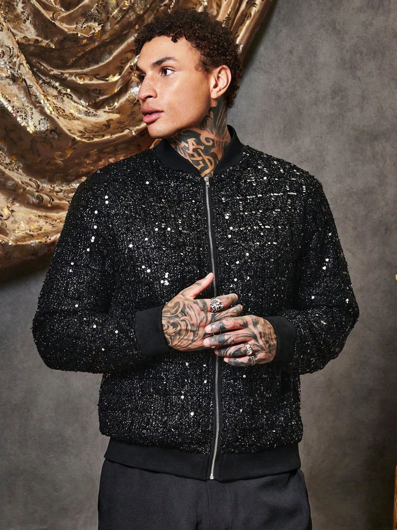Men Zip Up Sequin Bomber Jacket