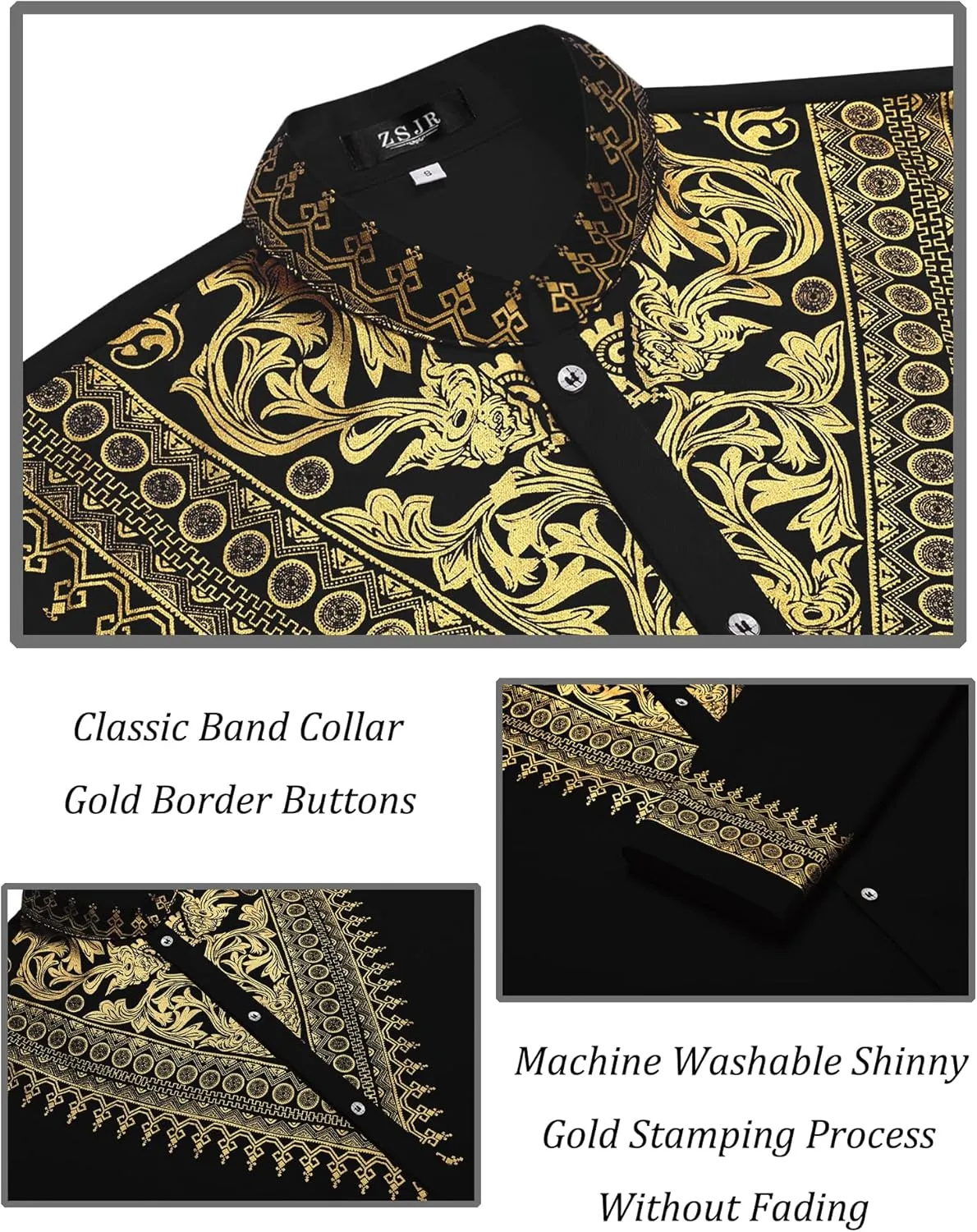 Mens African 2 Piece Set Metallic Traditional Suit Gold Stamp Printed African Dashiki Shirt and Pants Outfit