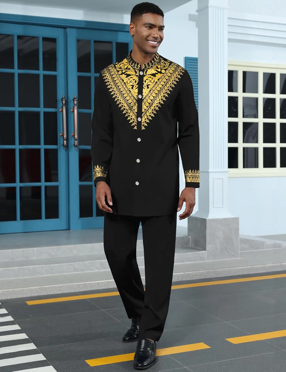 Mens African 2 Piece Set Metallic Traditional Suit Gold Stamp Printed African Dashiki Shirt and Pants Outfit