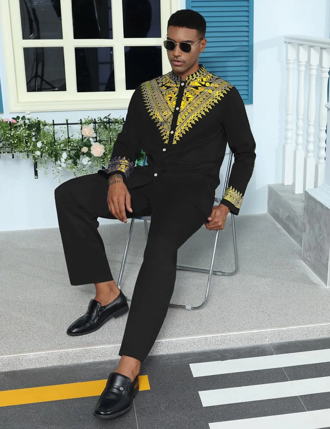 Mens African 2 Piece Set Metallic Traditional Suit Gold Stamp Printed African Dashiki Shirt and Pants Outfit