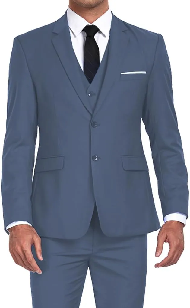 Men's Suits 3 Piece Slim Fit Dress Tuxedo for Men Two Button Solid Jacket Vest Pants Set