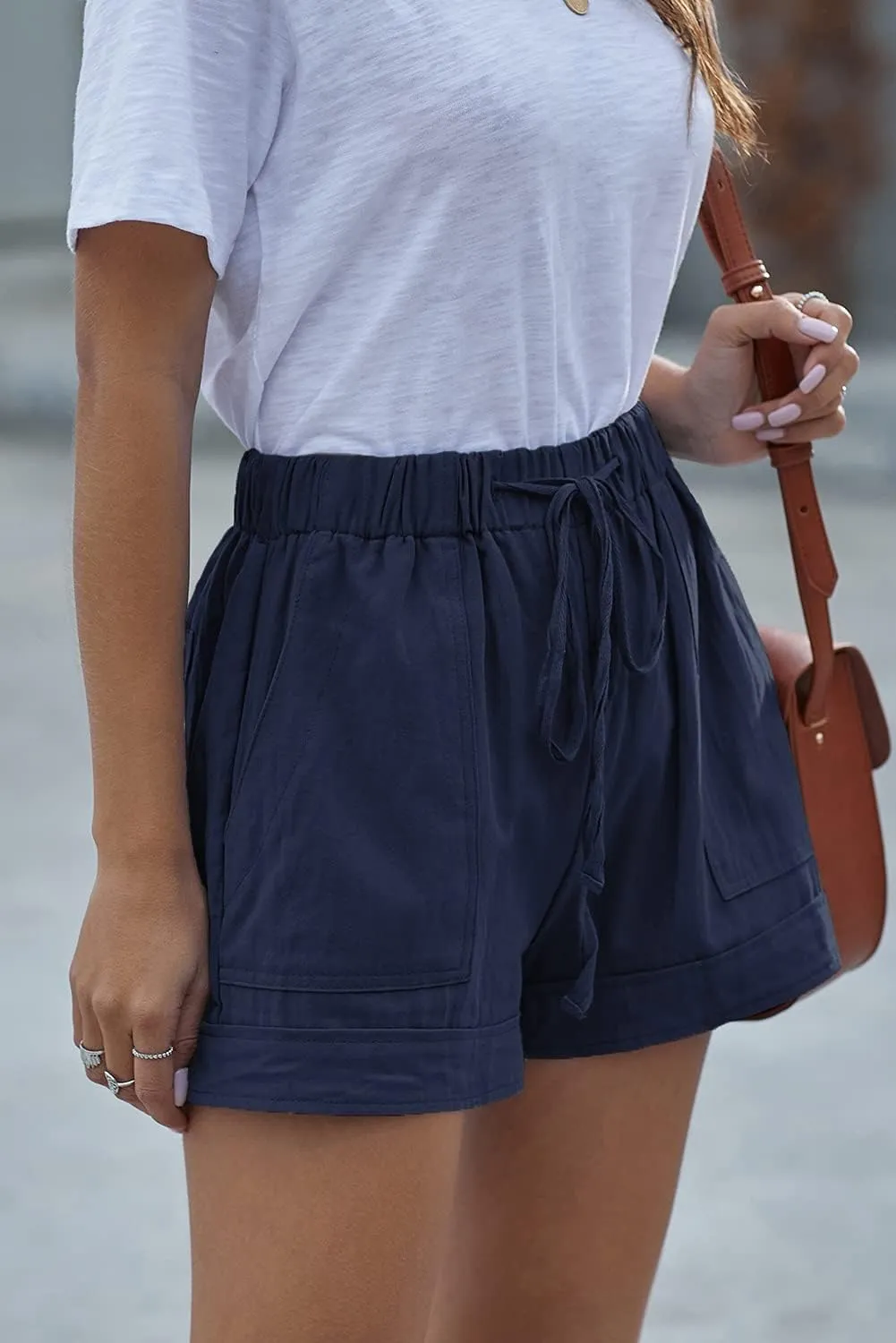 Mosucoirl Women Comfy Drawstring Casual Elastic Waist Pure Color Shorts Summer Beach Lightweight Short Pants with Pockets