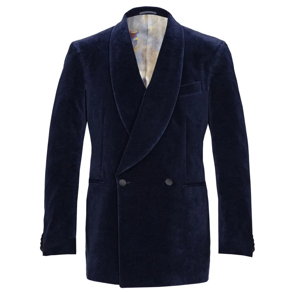 Navy Blue Double-Breasted Velvet Smoking Jacket