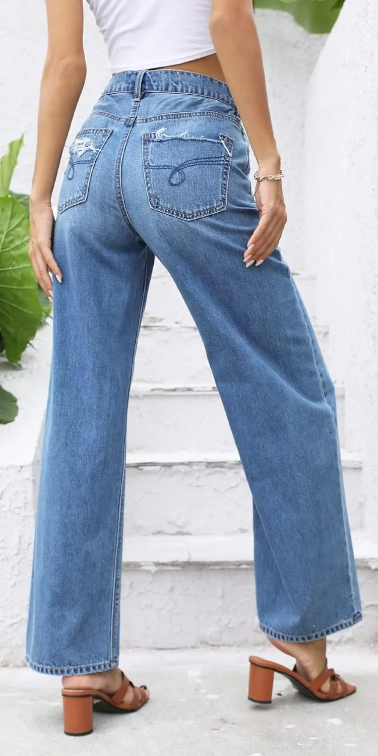 OFLUCK Women's Boyfriend Baggy Jeans High Waist Wide Leg Straight Denim Pants with Pockets
