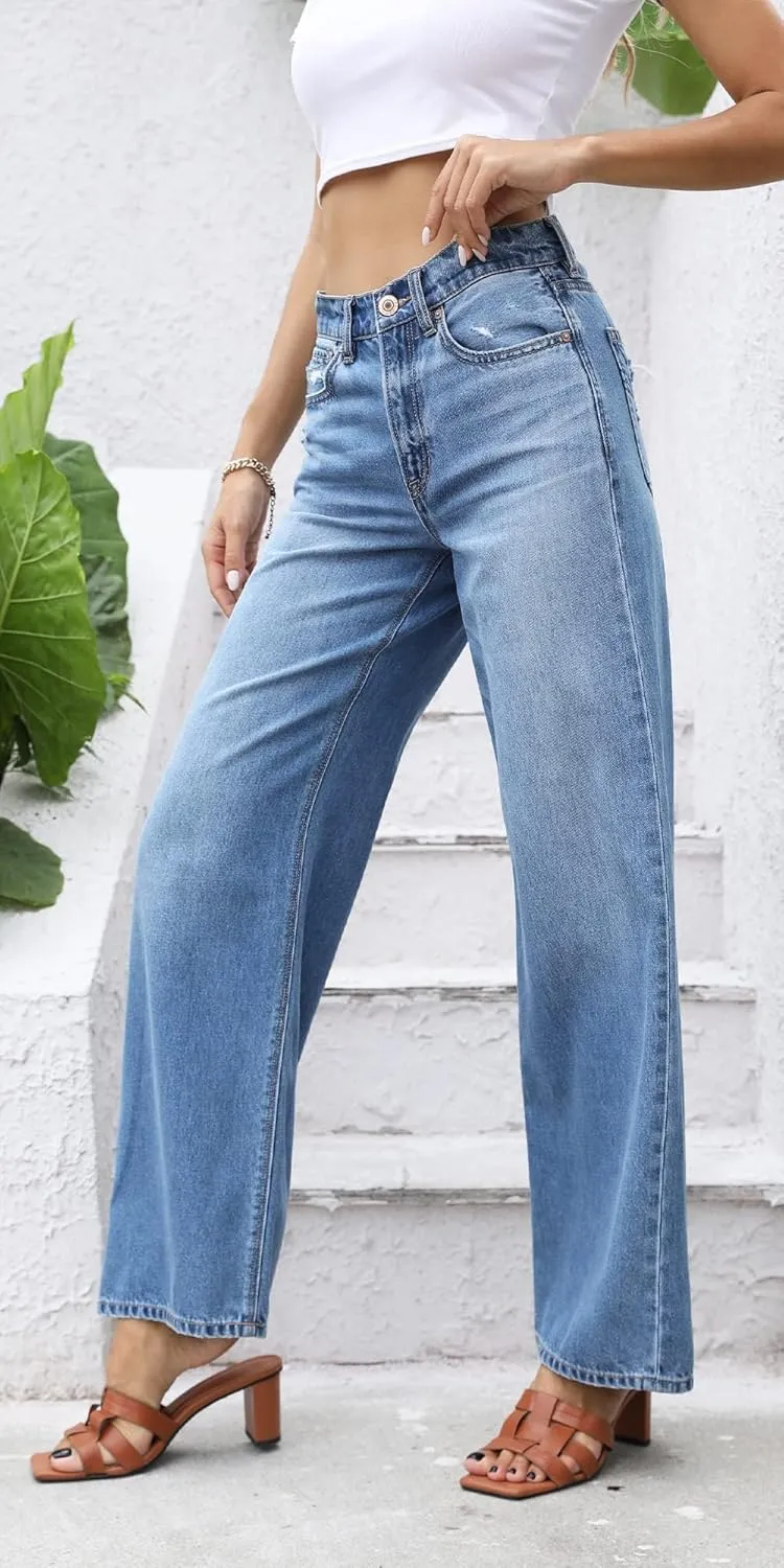 OFLUCK Women's Boyfriend Baggy Jeans High Waist Wide Leg Straight Denim Pants with Pockets
